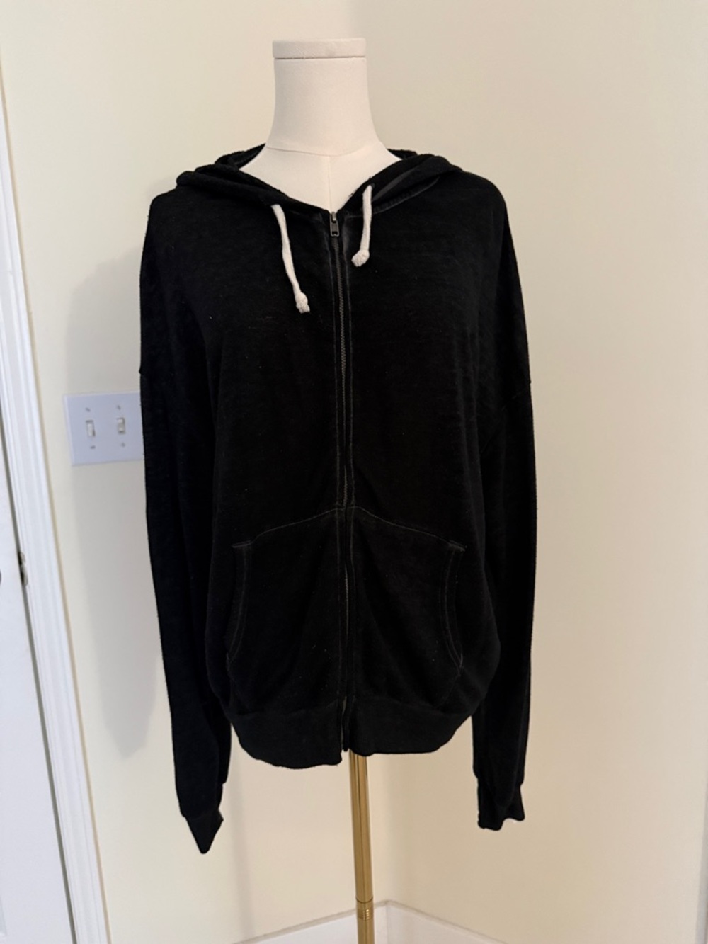 SO Black Zip-Up Hoodie Cardigan with White Drawstrings